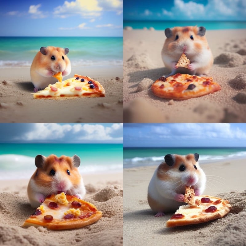 Image of “A pizza eating hamster on a Hawaiian beach” generated by Midjourney
