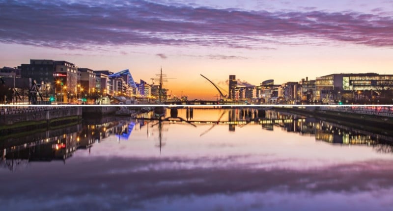 A photo of Dublin Docklands with a horizontal line showing symmetry