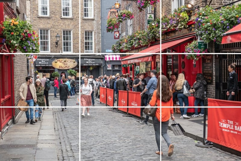 A photo of a Dublin street with a rule of thirds grid overlaid