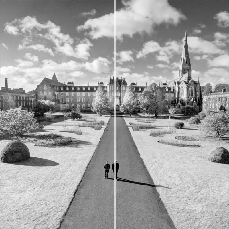A photo of Maynooth University with a line down the middle showing symmetry