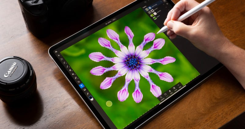 Photographer using Adobe Lightroom on an iPad Pro.